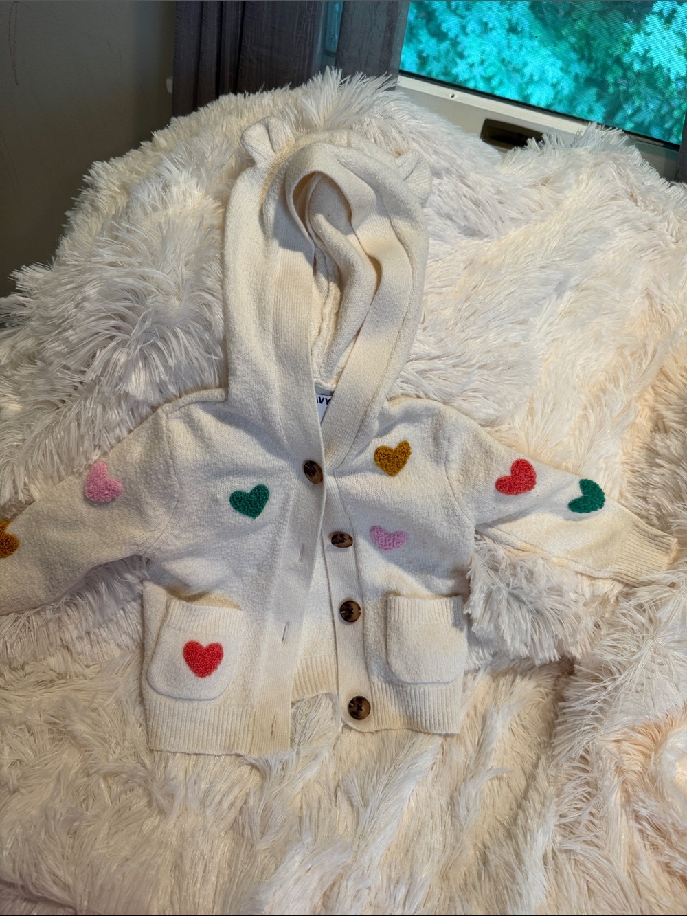 Old Navy Cream Hoodie Sweater with Colorful Heart Patches